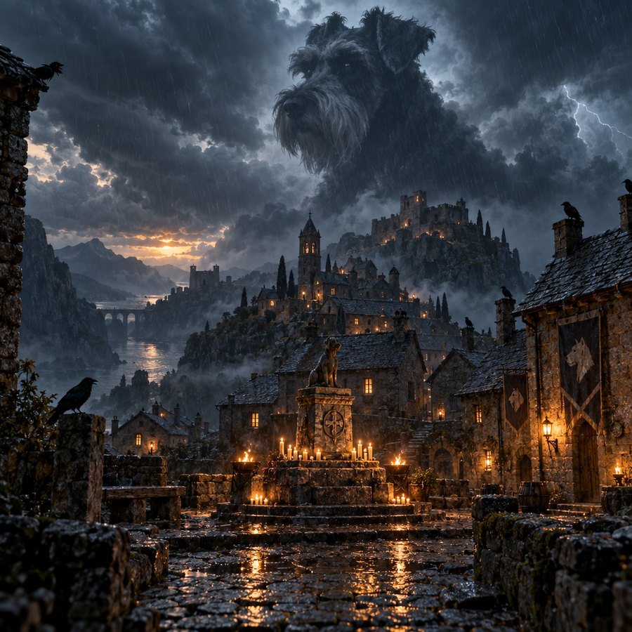 A hilltop village at storm dusk with a colossal schnauzer silhouette in the clouds